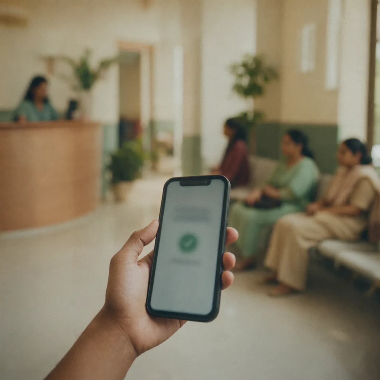 A hand holding a phone showing a message confirmation